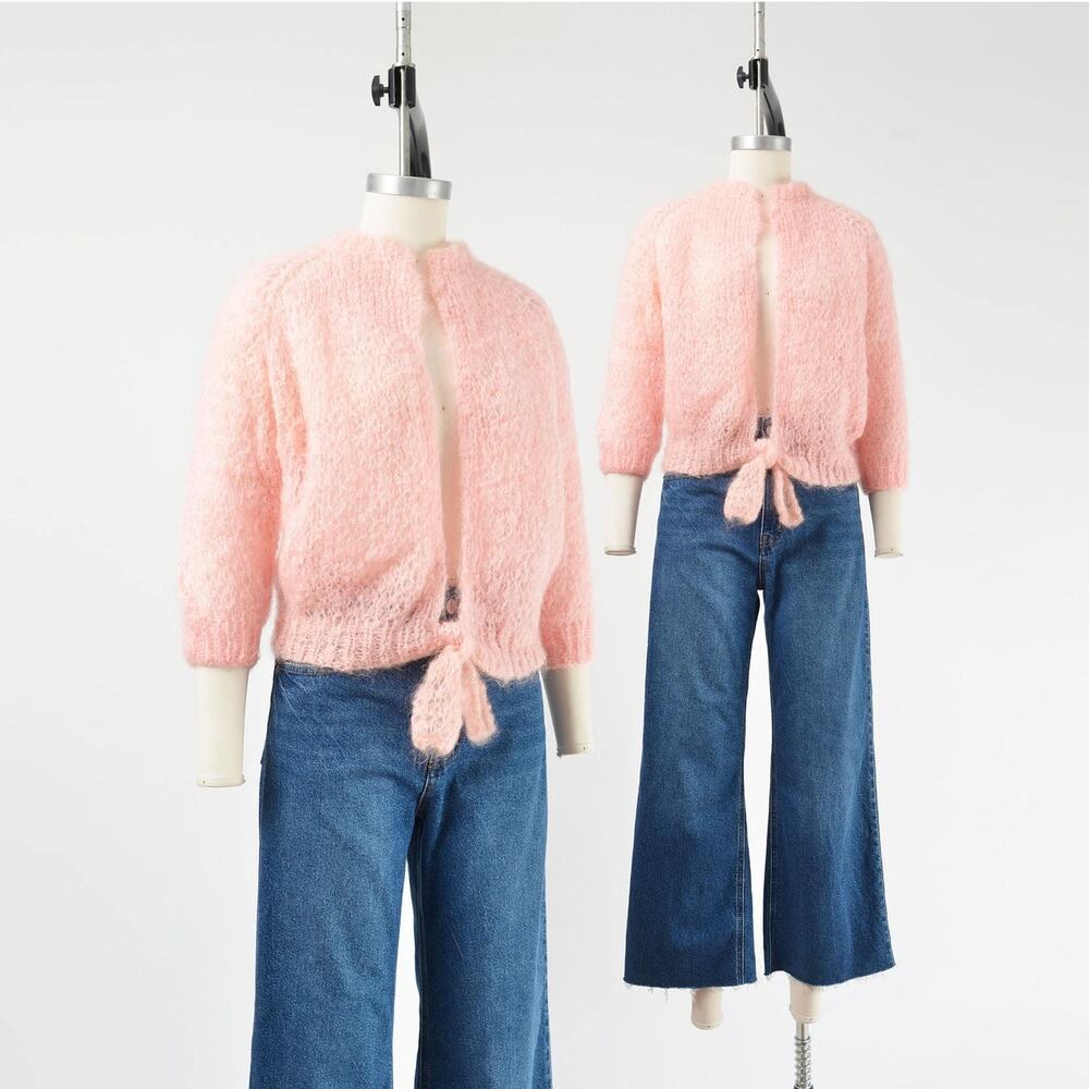 Vintage 60s Pink Mohair Cardigan Hand Knit Sheer Tie Front Sweater XS S